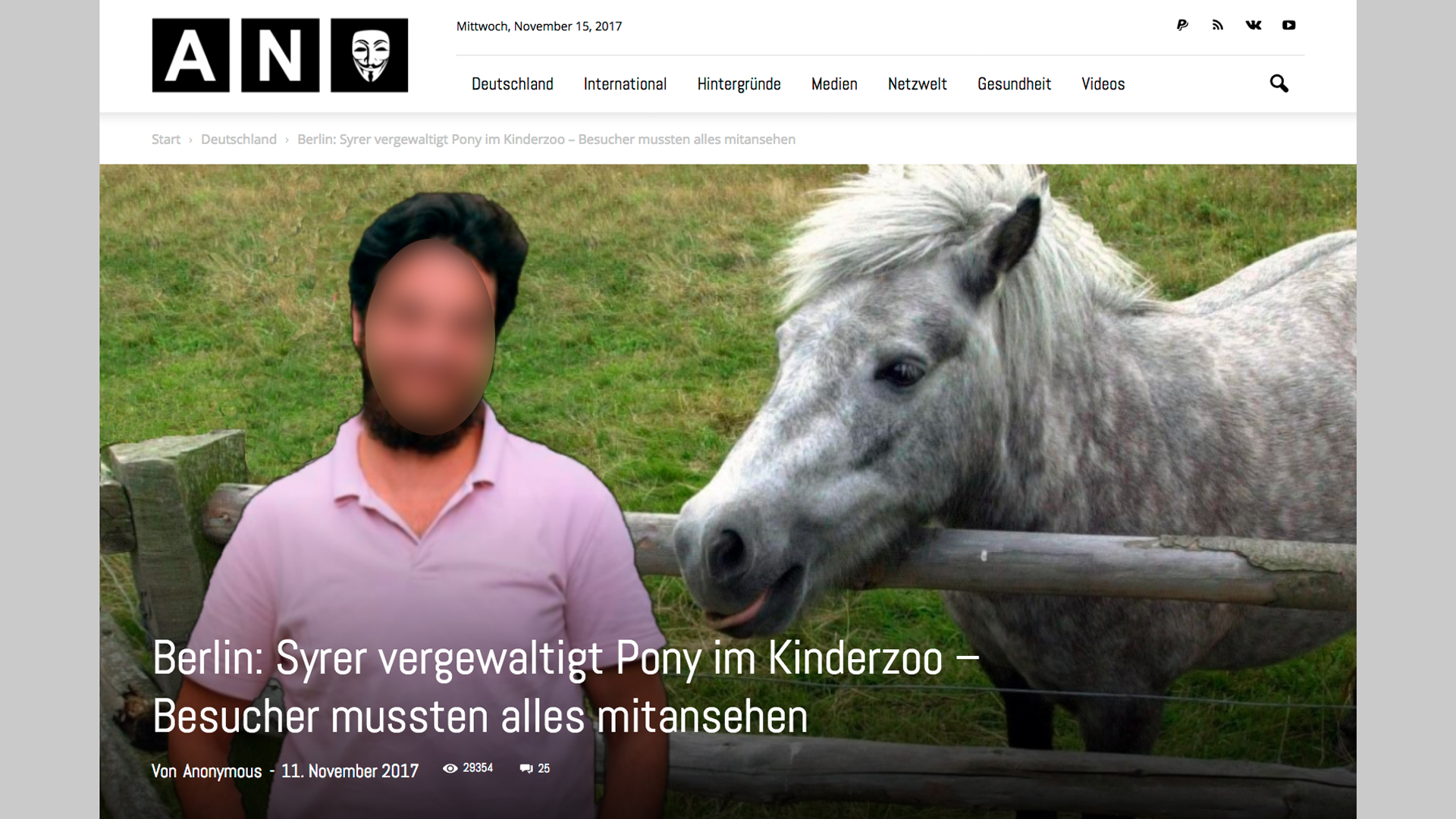 Screenshot einer Internetseite mit dem Thema Pony im Kinderzoo vergewaltigt