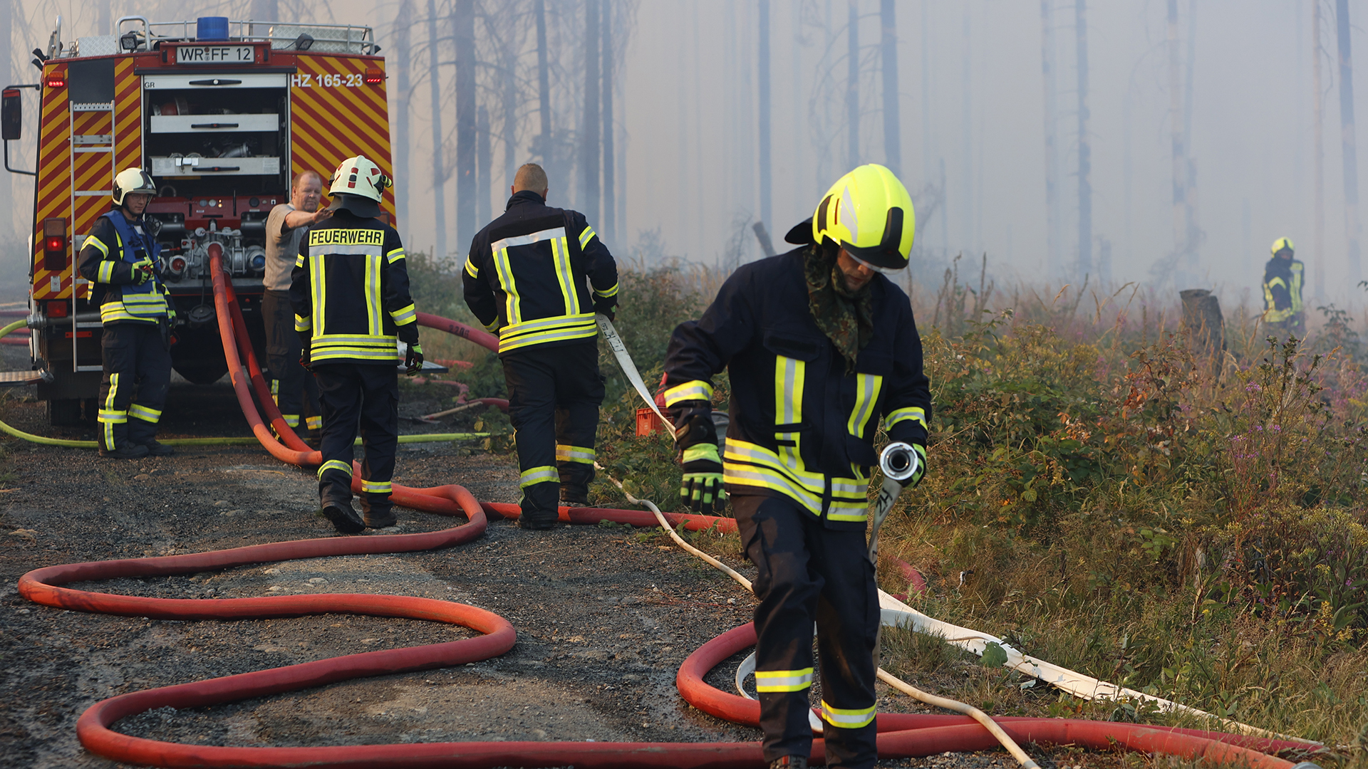 Rettungskräfte der Feuerwehr bekämpfen einen größeren Waldbrand in Schierke. | dpa