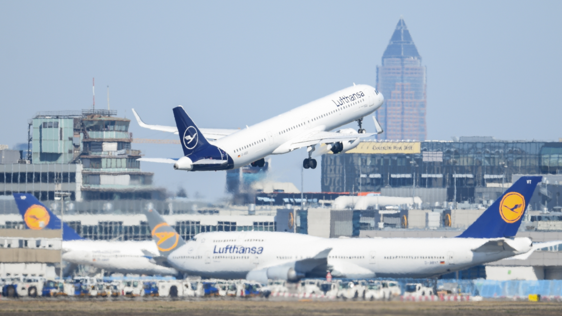Ein Airbus der Lufthansa startet am Frankfurter Flughafen über anderen Passagiermaschinen der Airline.  | dpa