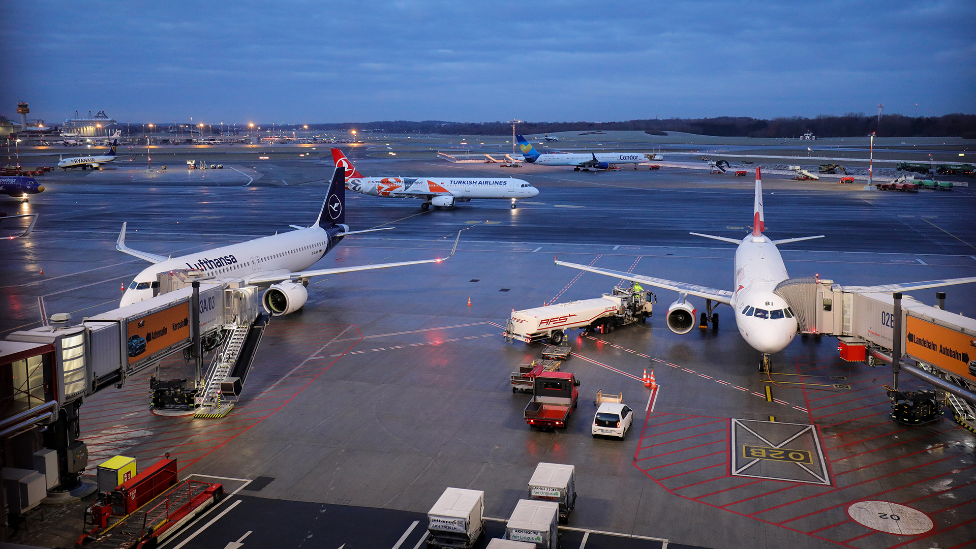 Maschinen verschiedener Fluggesellschaften werden am Flughafen Hamburg abgefertigt und sind auf dem Vorfeld unterwegs. | picture alliance/dpa