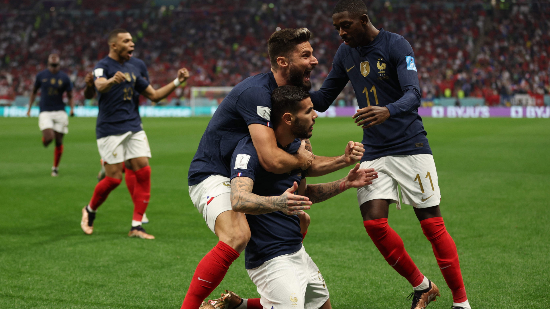 Frankreichs Spieler bejubeln das 1:0 gegen Marokko | AFP