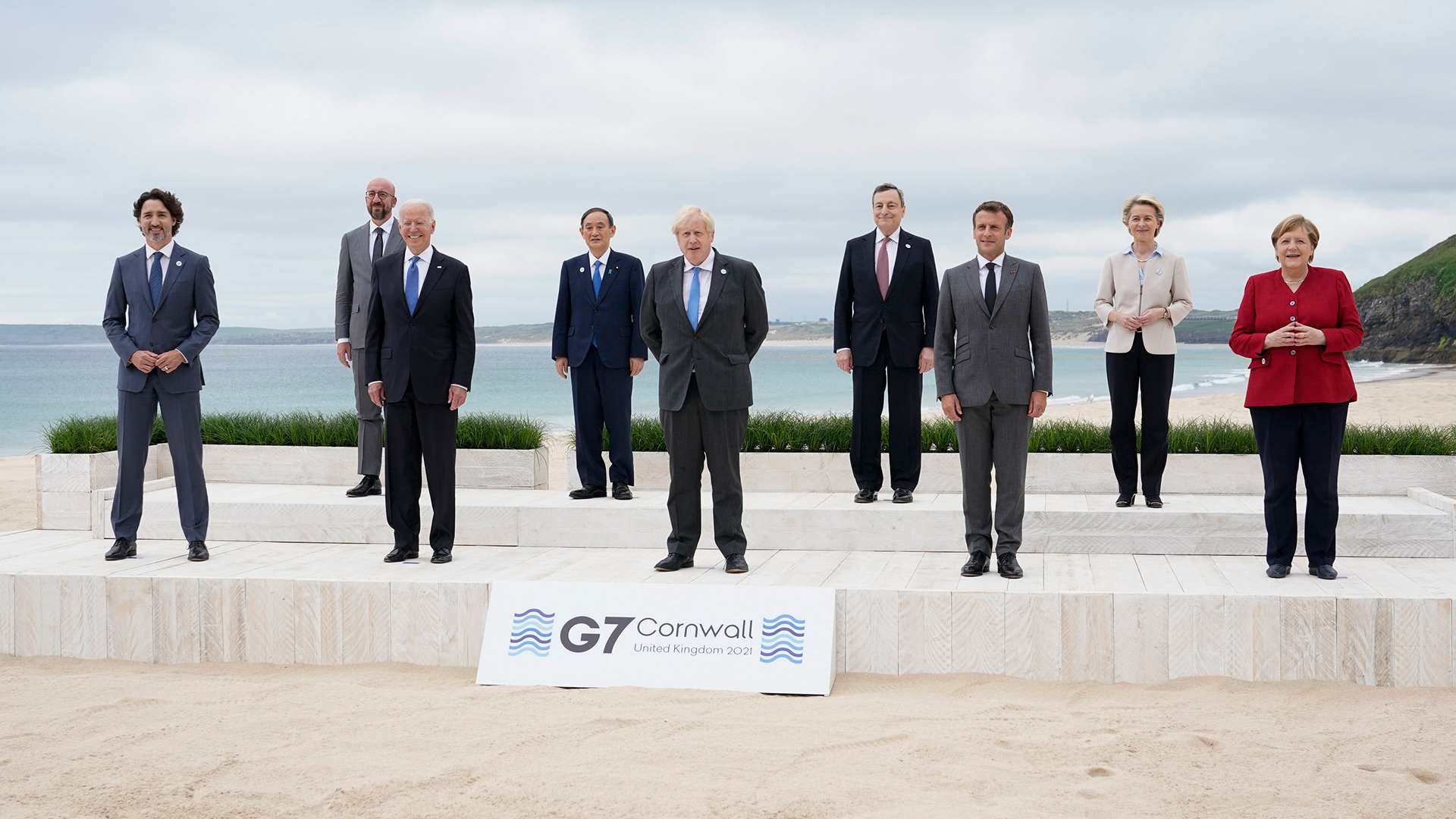 Die G7-Staats- und Regierungschef beim Gipfel in Cornwall. | AP