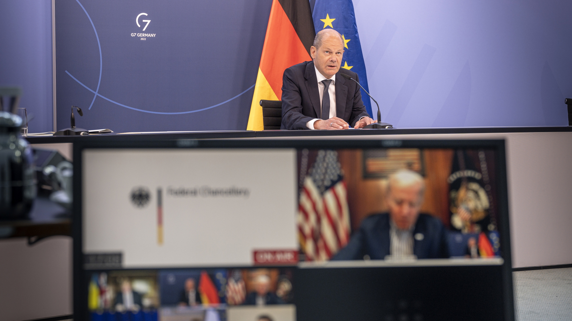 Olaf Scholz nimmt an einer Videokonferenz im Rahmen der G7 mit den Staats- und Regierungschefs der USA, Großbritannien, Frankreich, Italien, Japan, der EU und Kanada sowie der Ukraine teil. | dpa