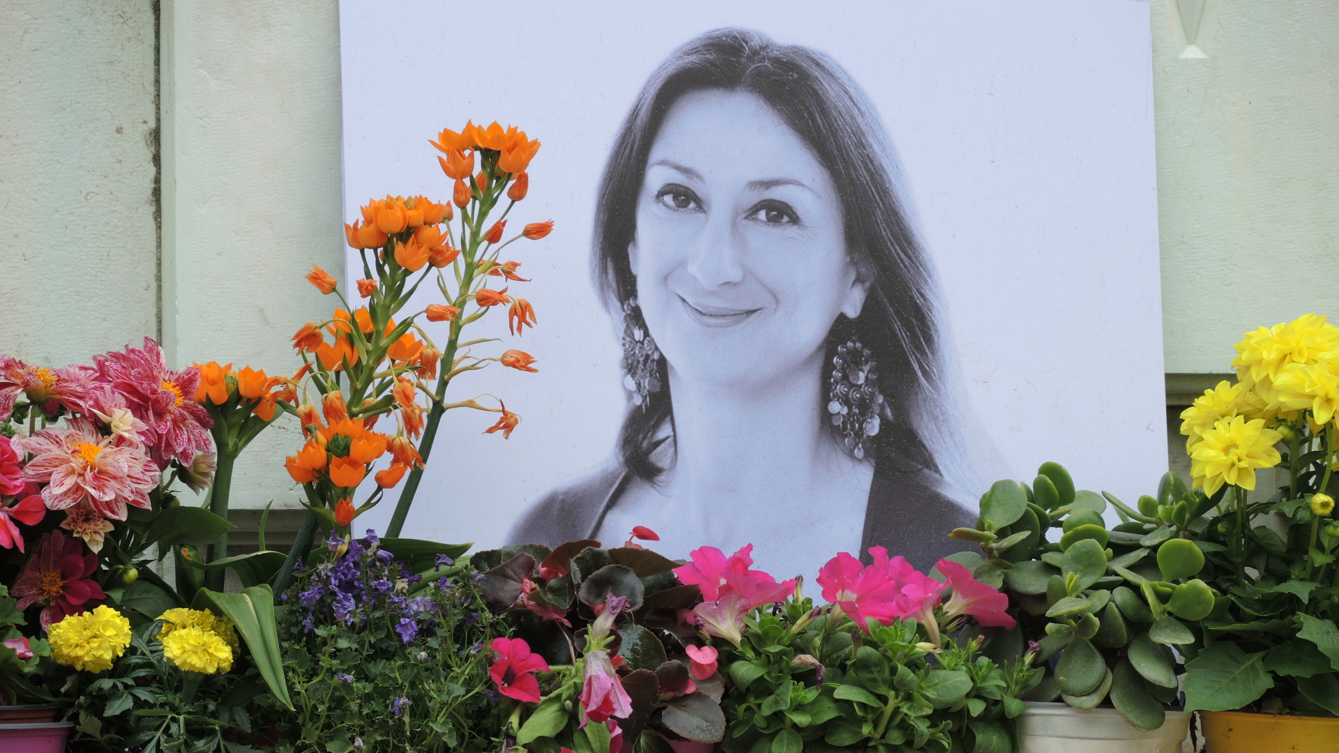 Blumen unter einem Foto der Journalistin Daphne Caruana Galizia. | dpa