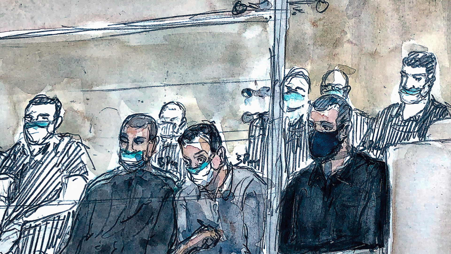 Gerichtszeichnung des Hauptangeklagten Salah Abdeslam (rechts) sowie zwei weiterer Beschuldigter im Pariser Terrorprozess. | Benoit Peyrucq / AFP