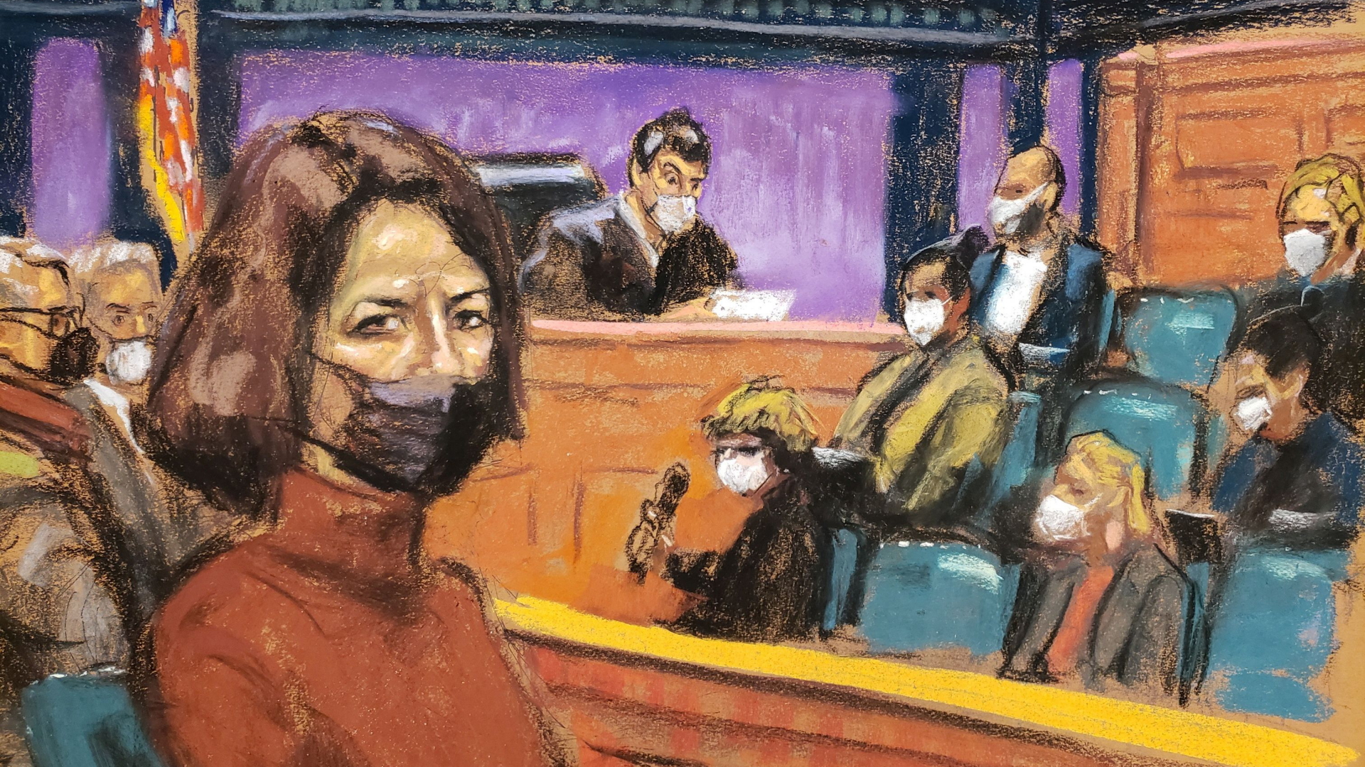 Eine Skizze zeigt Ghislaine Maxwell im Gerichtssaal. | REUTERS