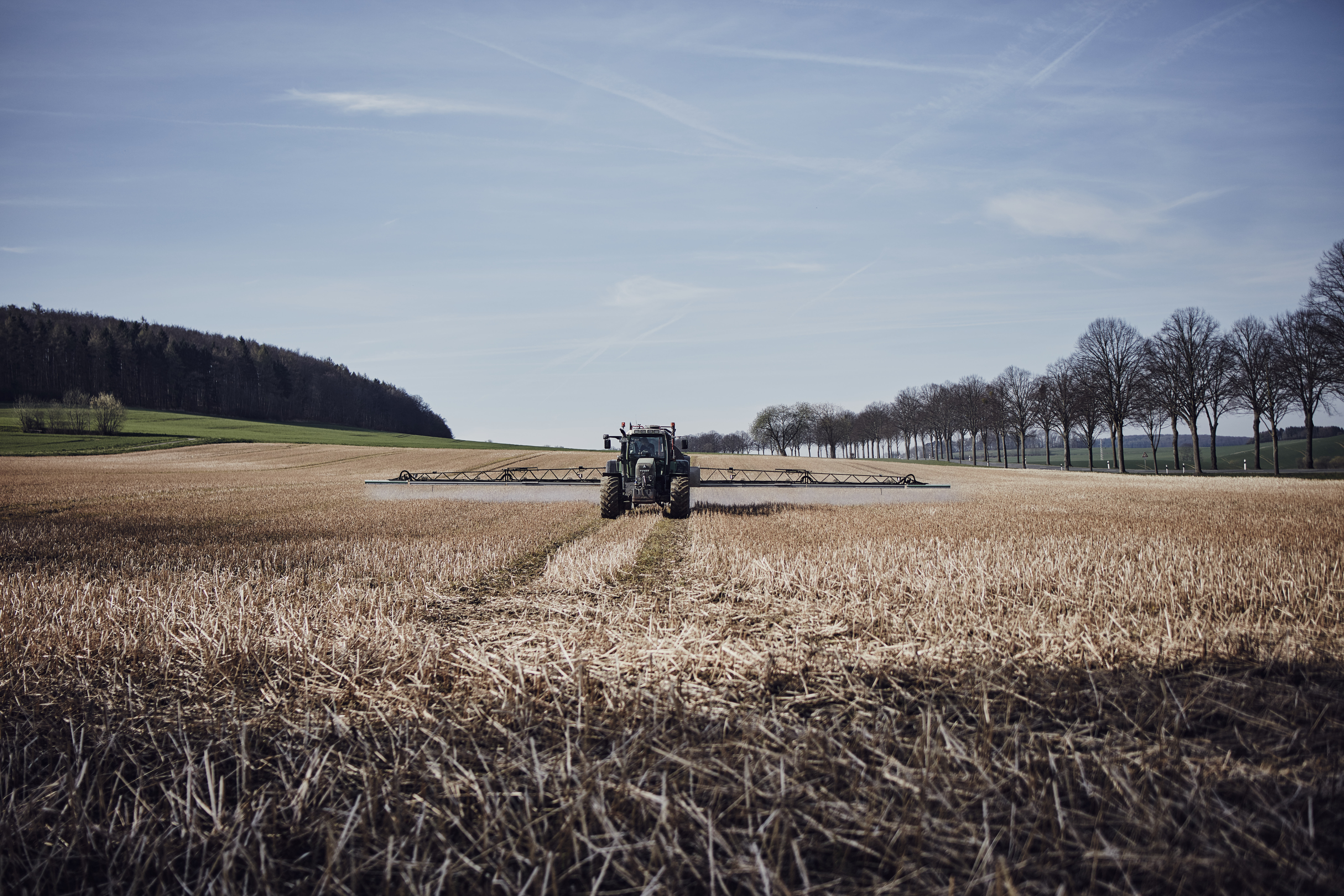 Traktor verteilt Glyphosat auf einem Feld | picture alliance / Steven Lüdtke/Forum Moderne Landwirtschaft/dpa