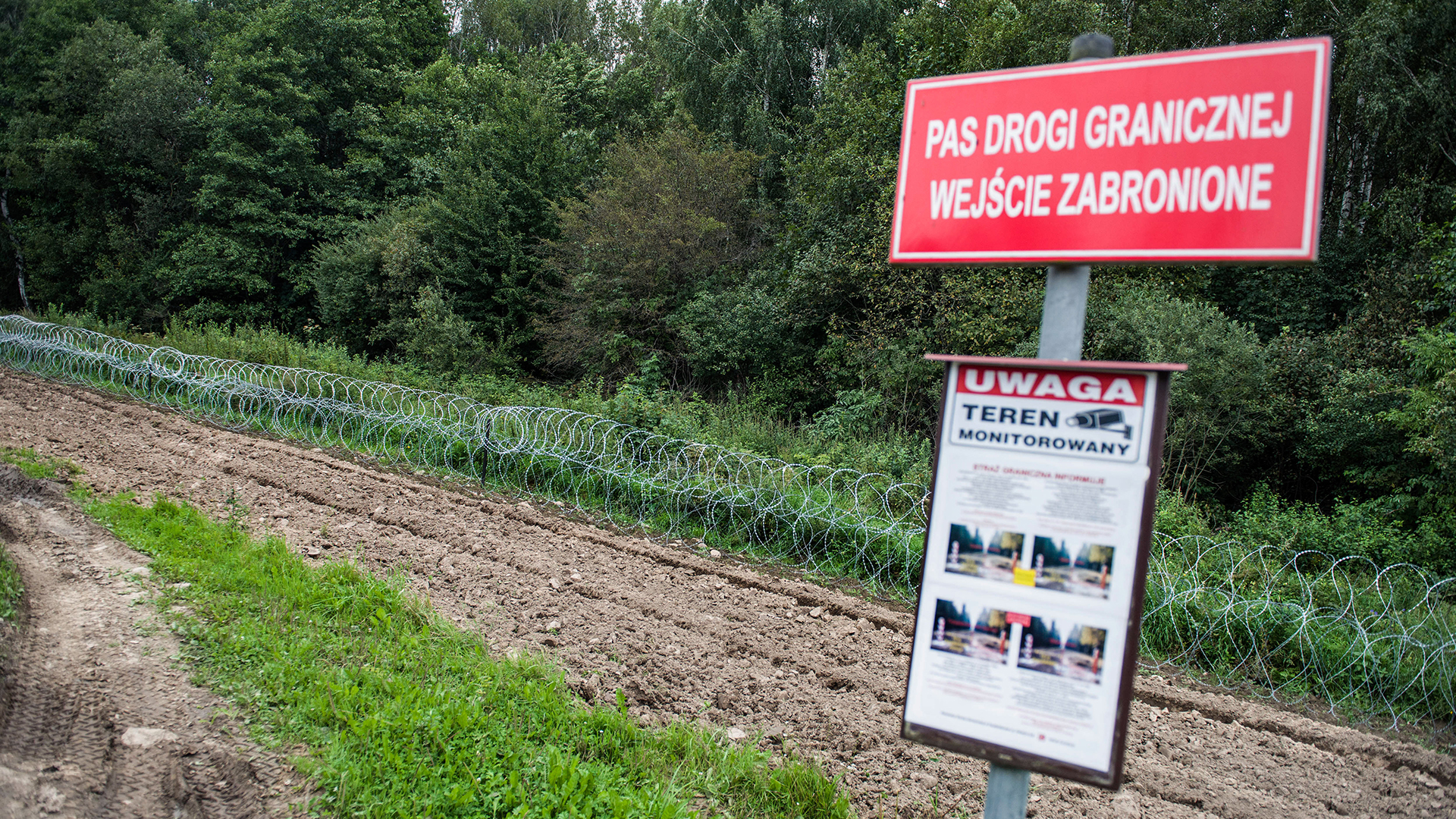 Ein Schild mit der Aufschift "Grenzstreifen, Betreten verboten" steht an einem neu errichteten Stacheldrahtzaun an der Grenze zwischen Polen und Belarus. | picture alliance/dpa/SOPA Images
