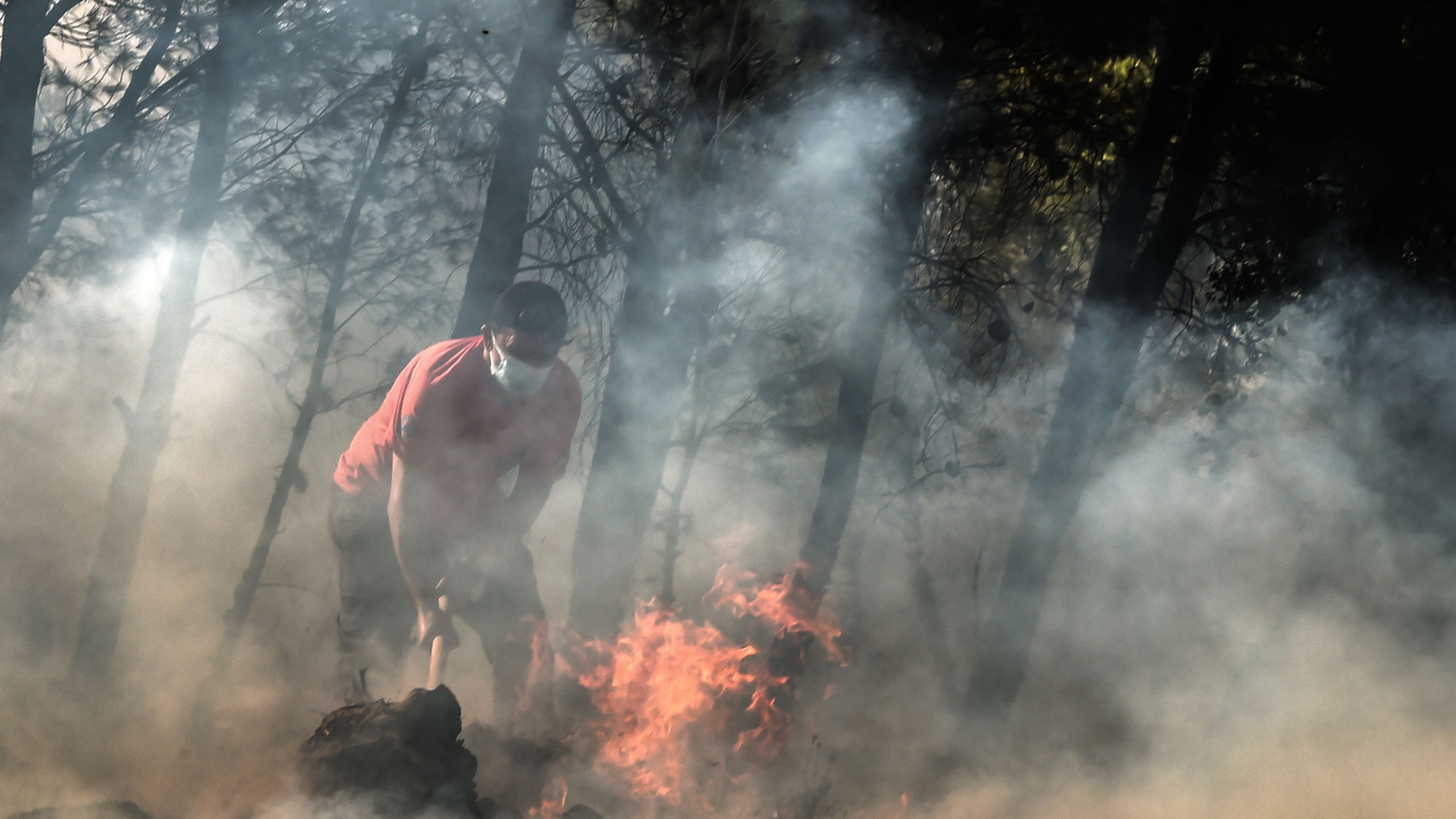 Ein Bewohner in Thrakamakedones, nördlich von Athen, versucht ein Feuer zu löschen. | AFP