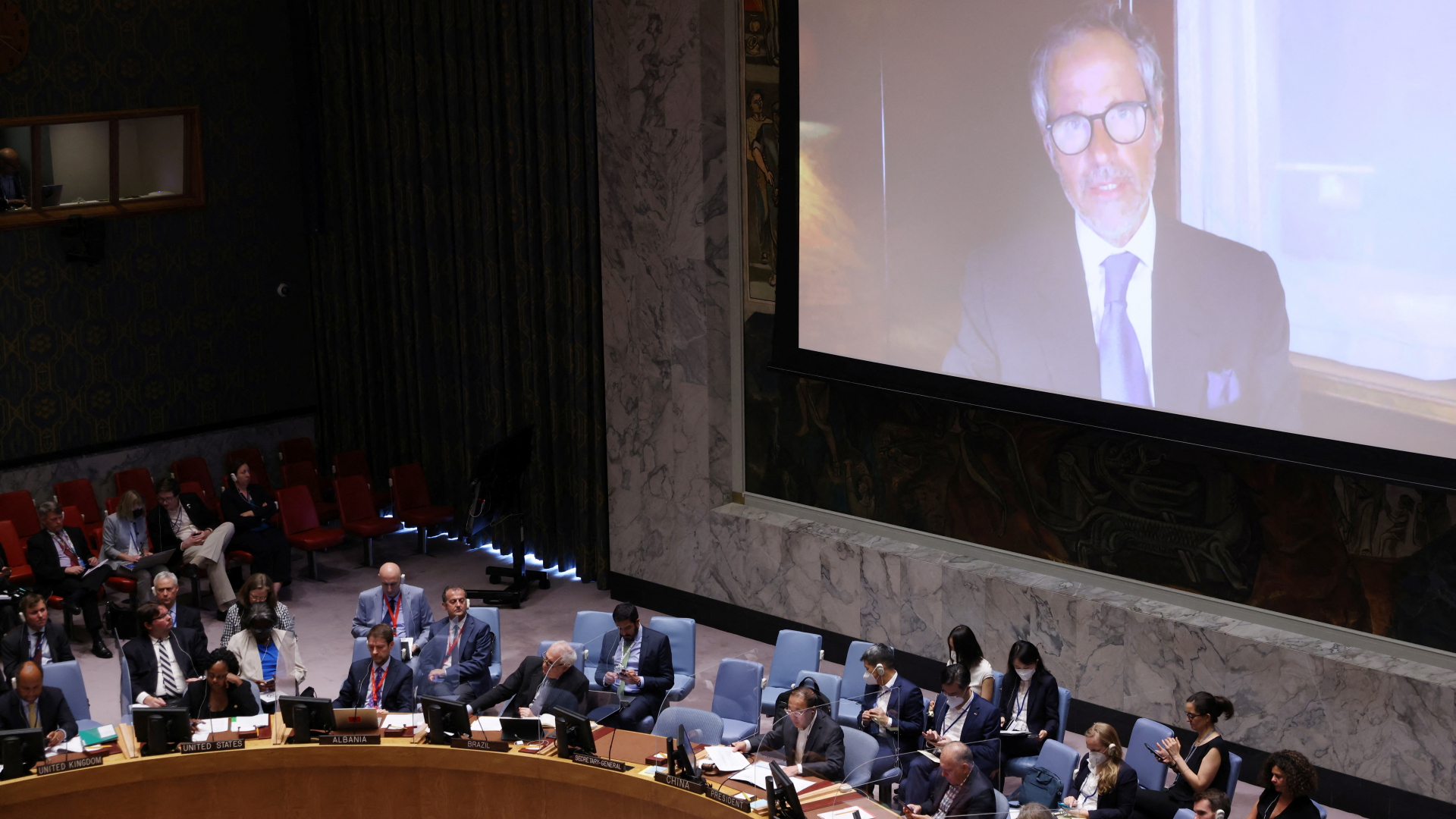 Rafael Grossi spricht per Videoschalte zum UN-.Sicherheitsrat.