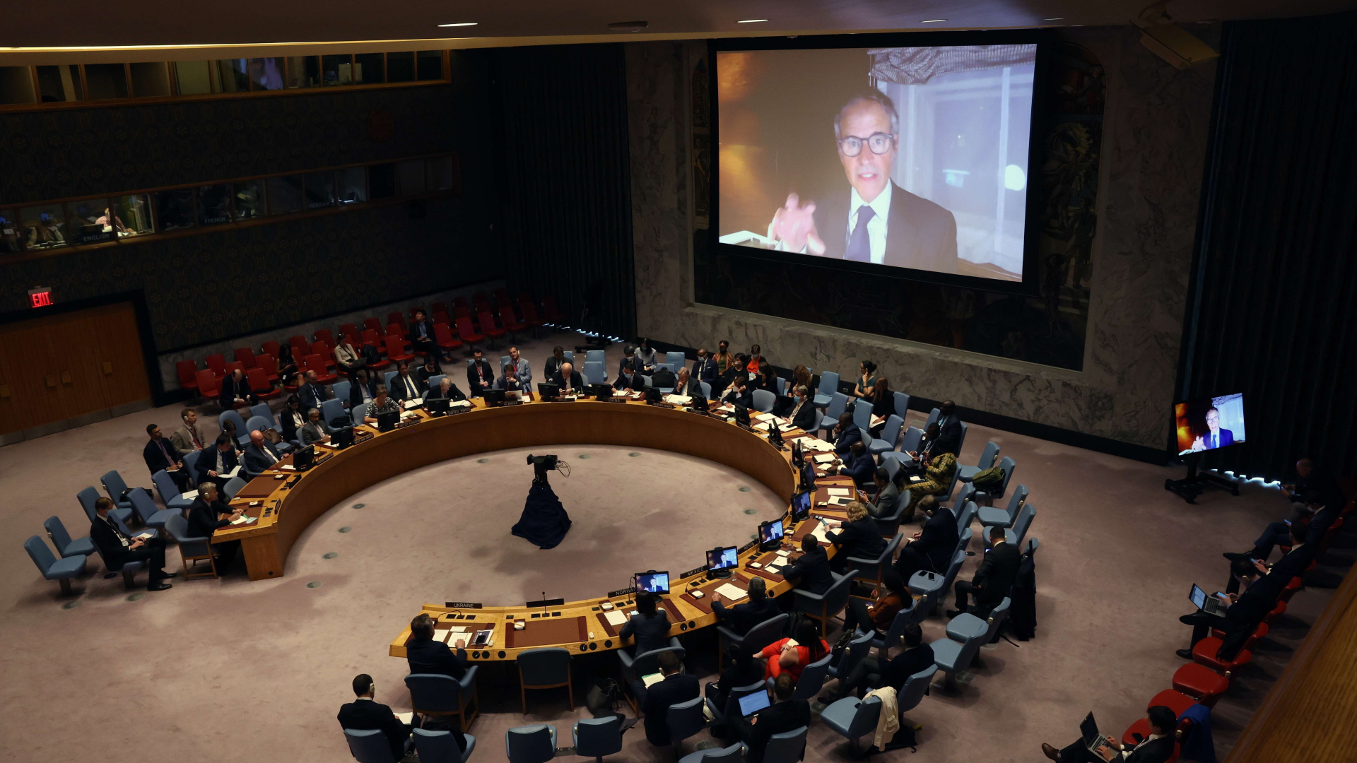IAEA-Chef Grossi ist per Video bei einer Sitzung des UN-Sicherheitsrates in New York zugeschaltet.