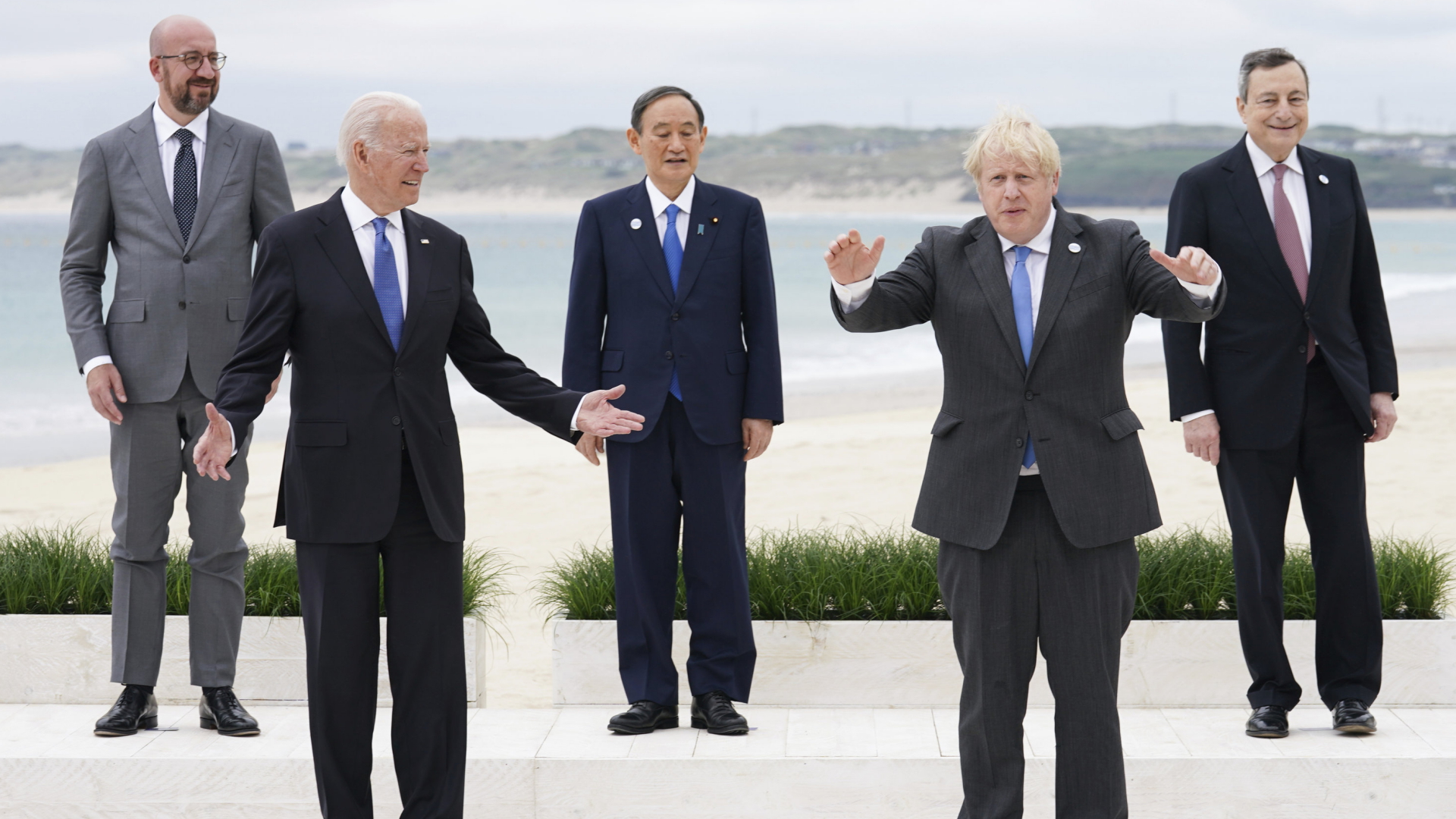 Joe Biden, Boris Johnson, Charles Michel, Yoshihide Suga und Mario Draghi  | AP