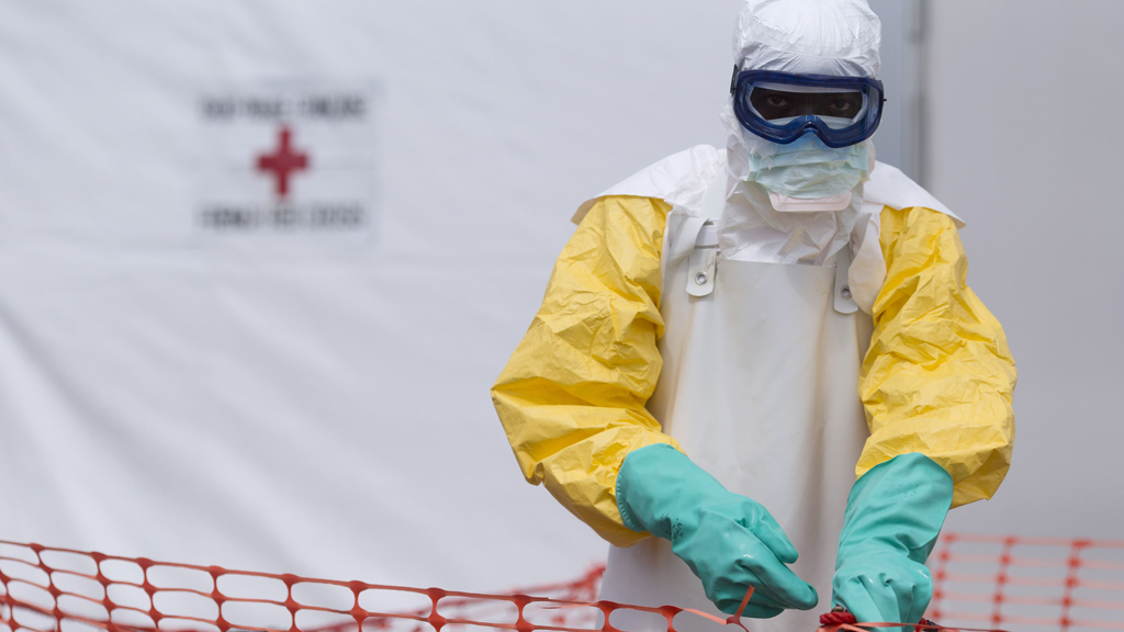 Ein Mitarbeiter des Gesundheitsdienstes in Guinea im Kampf gegen Ebola. | Bildquelle: AFP