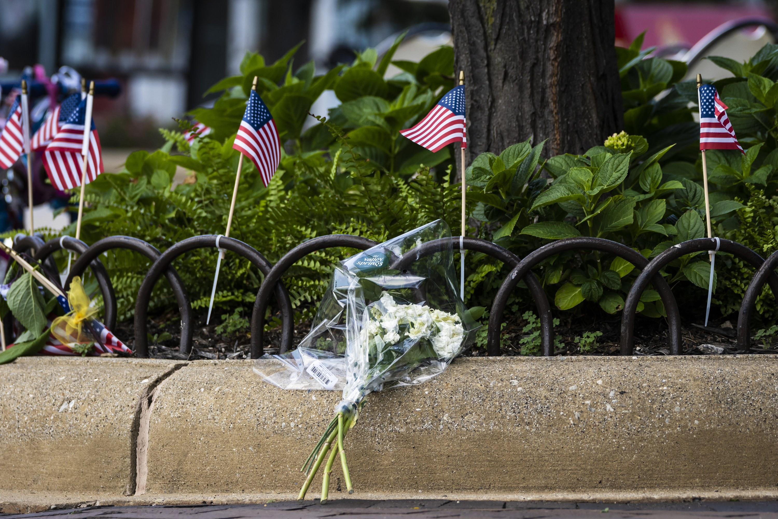 Blumen am Ort der Gewalttat in Highland Park, einem Vorort von Chicago | AP