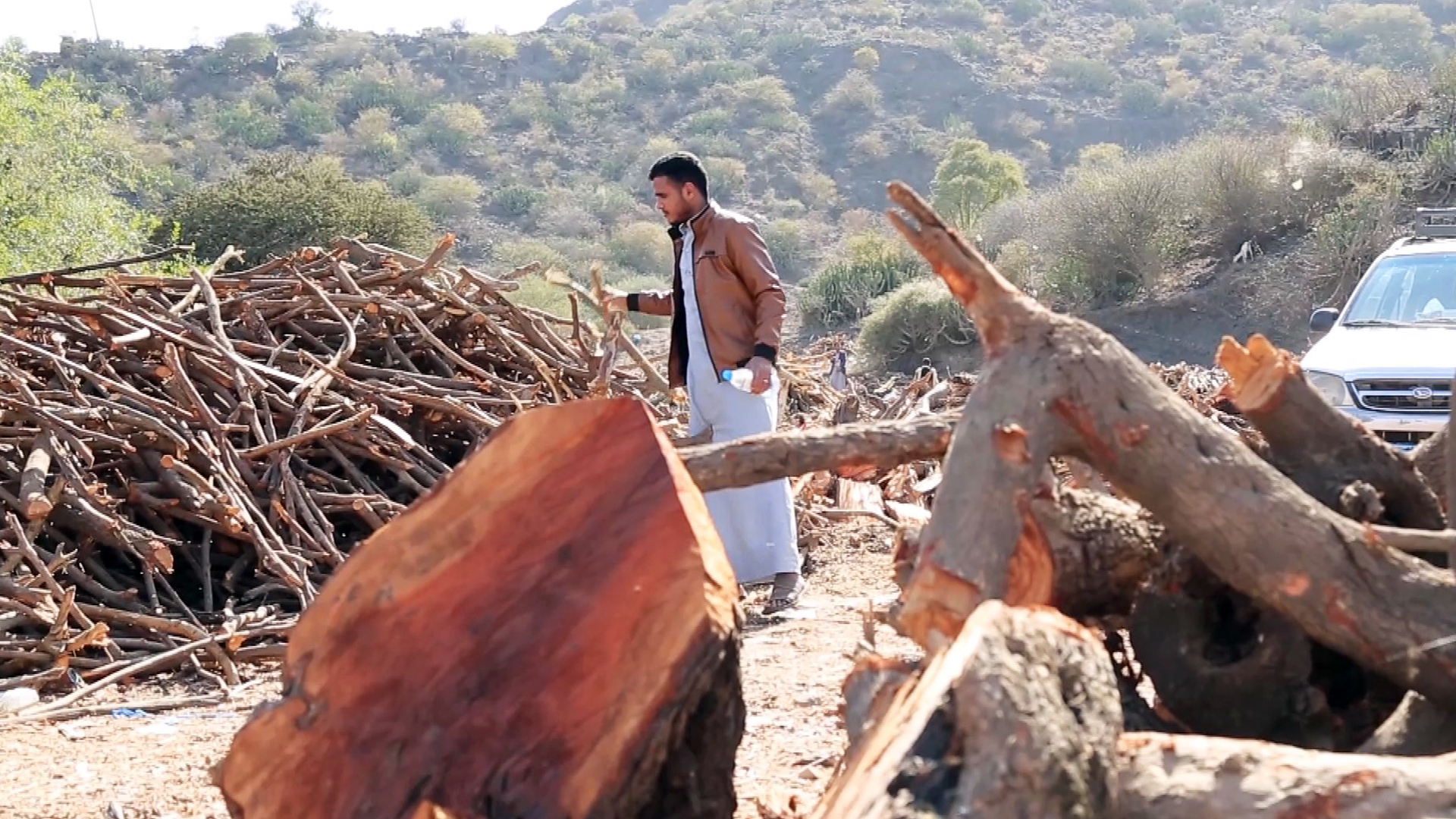 Ein Mann zwischen großen Holzhaufen | ARD Kairo