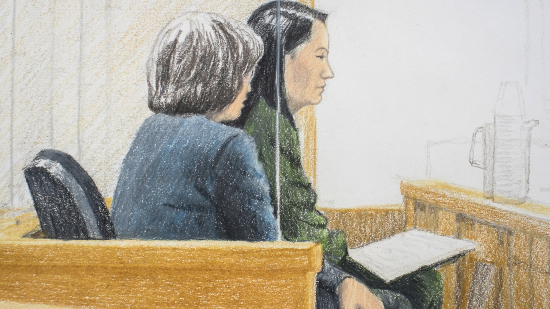 In dieser Skizze des Gerichtssaals sitzt Meng Wanzhou (re) neben einem Übersetzer während einer Kautionsantrags-Verhandlung vor dem Obersten Gerichtshof von British Columbia. | Bildquelle: dpa