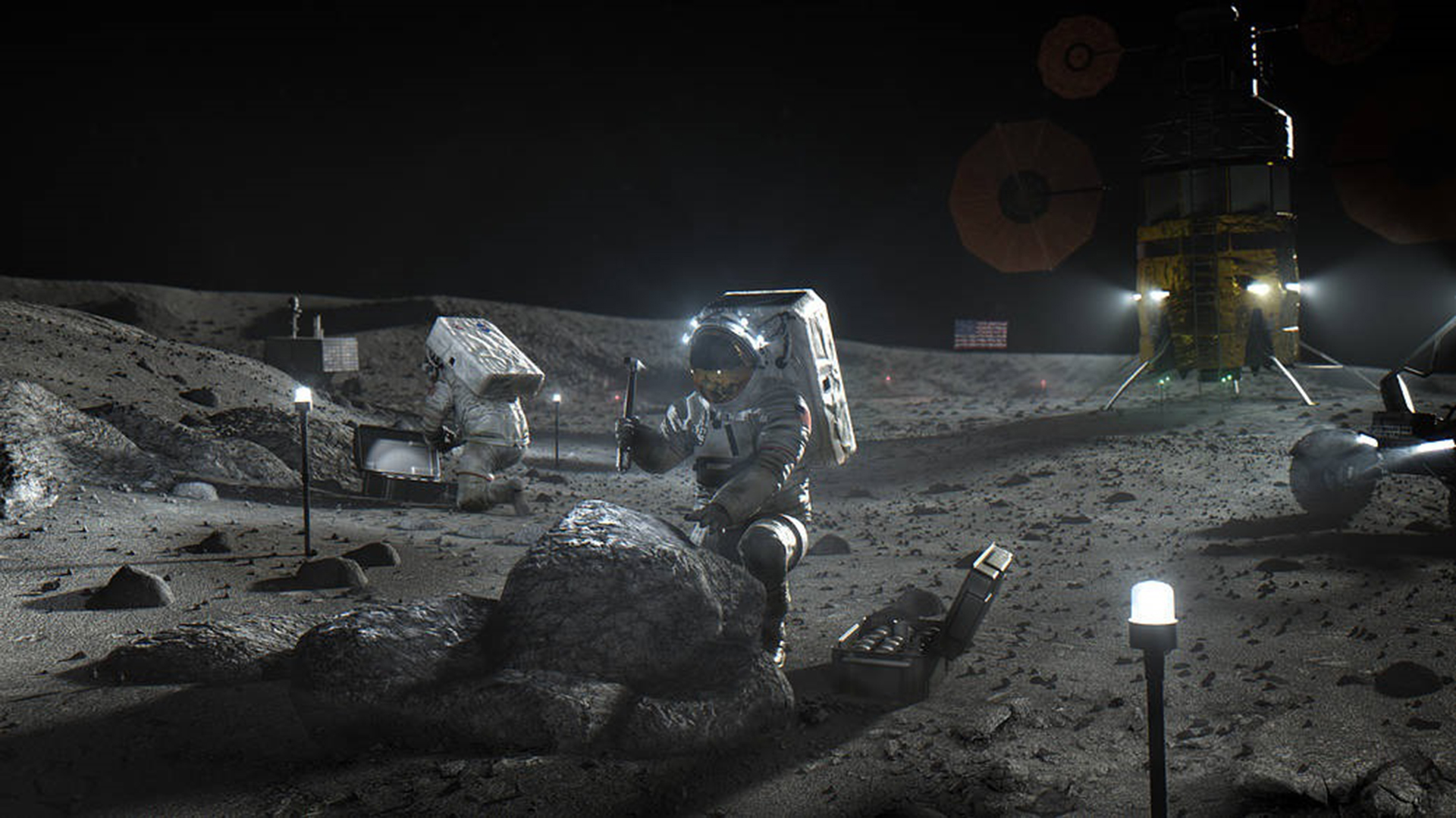 Die Illustration zeigt Artemis-Astronauten auf dem Mond.