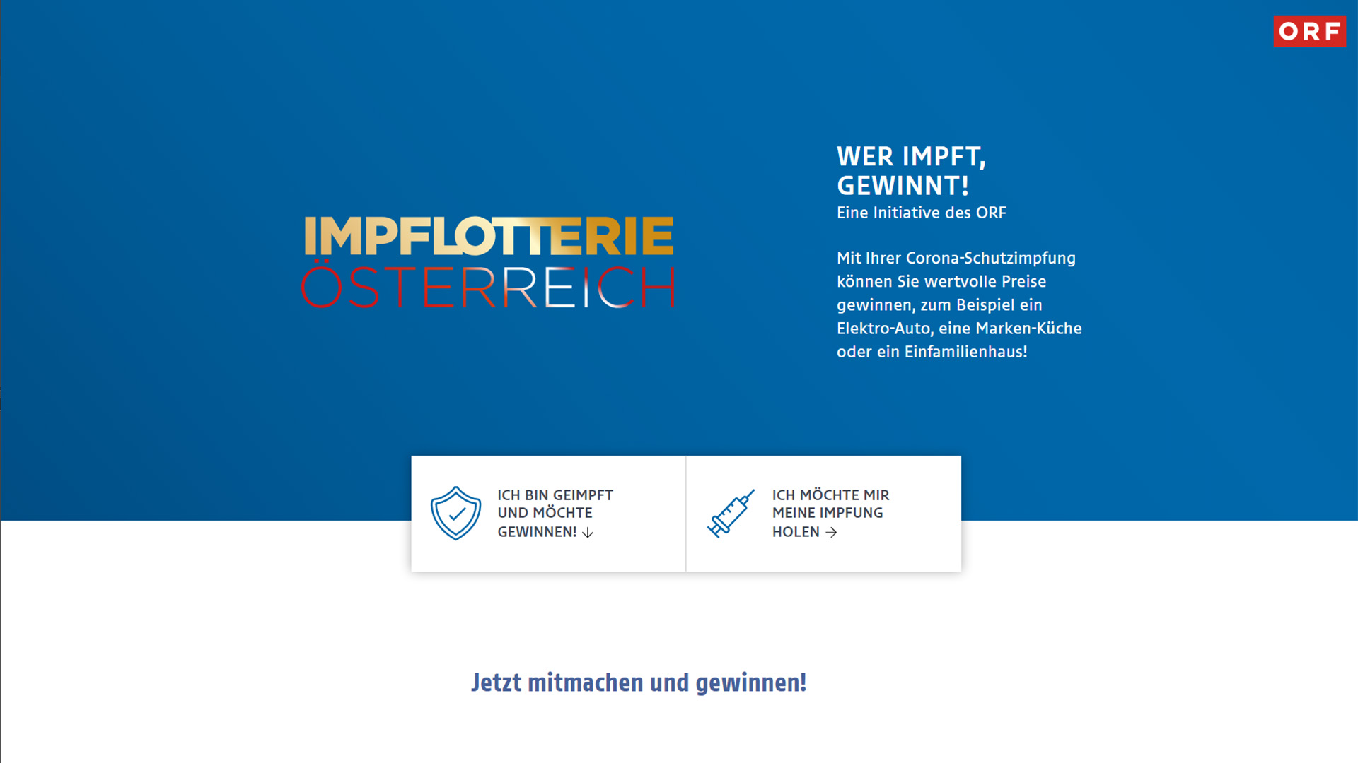 Screenshot der Website vom ORF zur Impflotterie | werimpftgewinnt.orf.at
