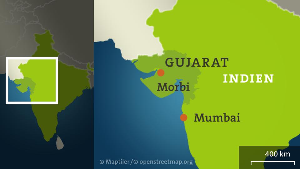 Karte mit Indien, der Region Gujarat und dem Ort Morbi