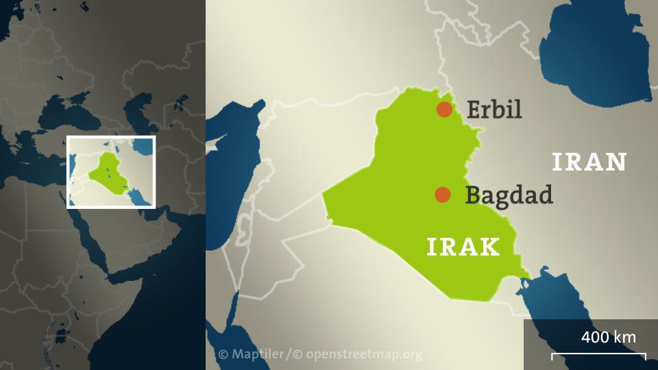 Karte vom Irak mit den Städten Bagdad und Erbil