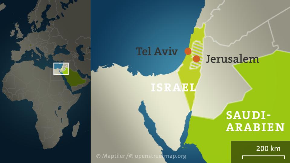 Die Karte zeigt Saudi-Arabien und Israel mit Tel Aviv und Jerusalem