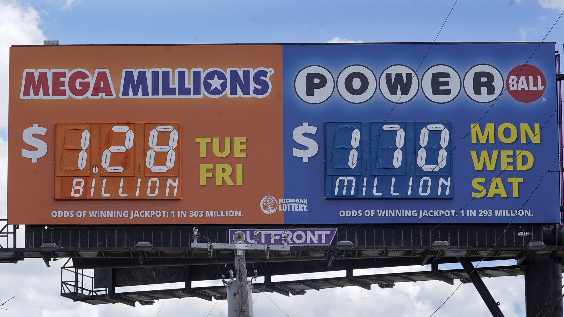 Ein Schild der Mega-Millions-Lotterie, auf dem ein Jackpot von 1,28 Milliarden Dollar angezeigt wird. | AP