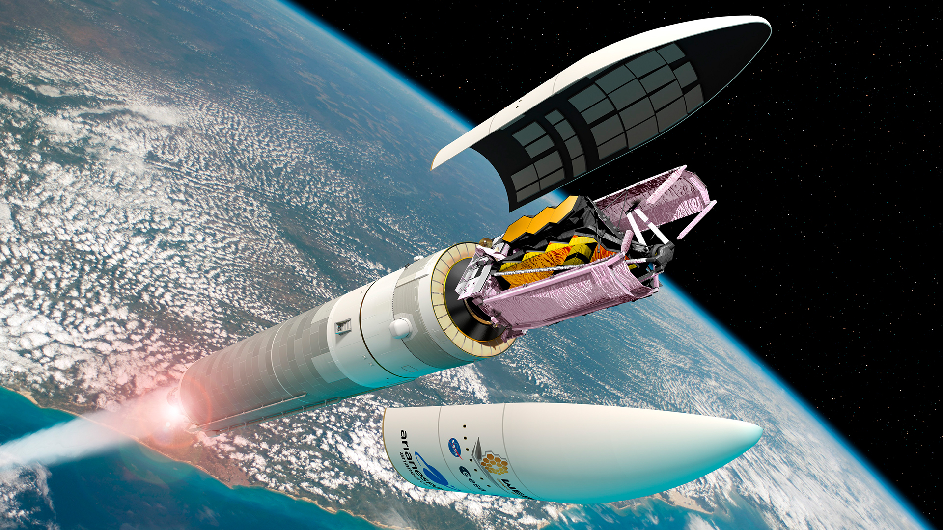 Künstlerische Darstellung des "James-Webb"-Weltraumteleskops, zusammengefaltet in der "Ariane 5"-Rakete | Uncredited/NASA/AP/dpa