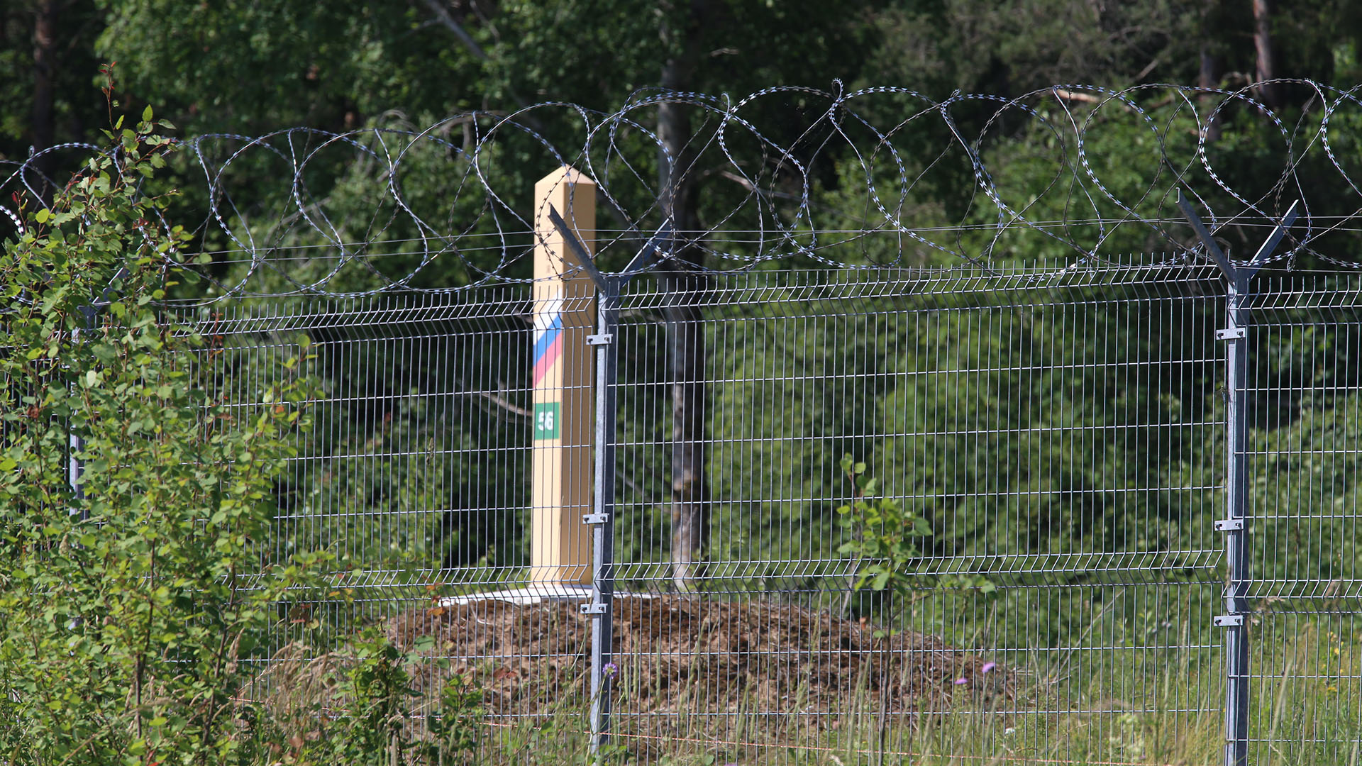 Stacheldraht und ein Pfahl markieren die Grenze zwischen Litauen und der zu Russland gehörenden Exklave Kaliningrad.  | picture alliance/dpa