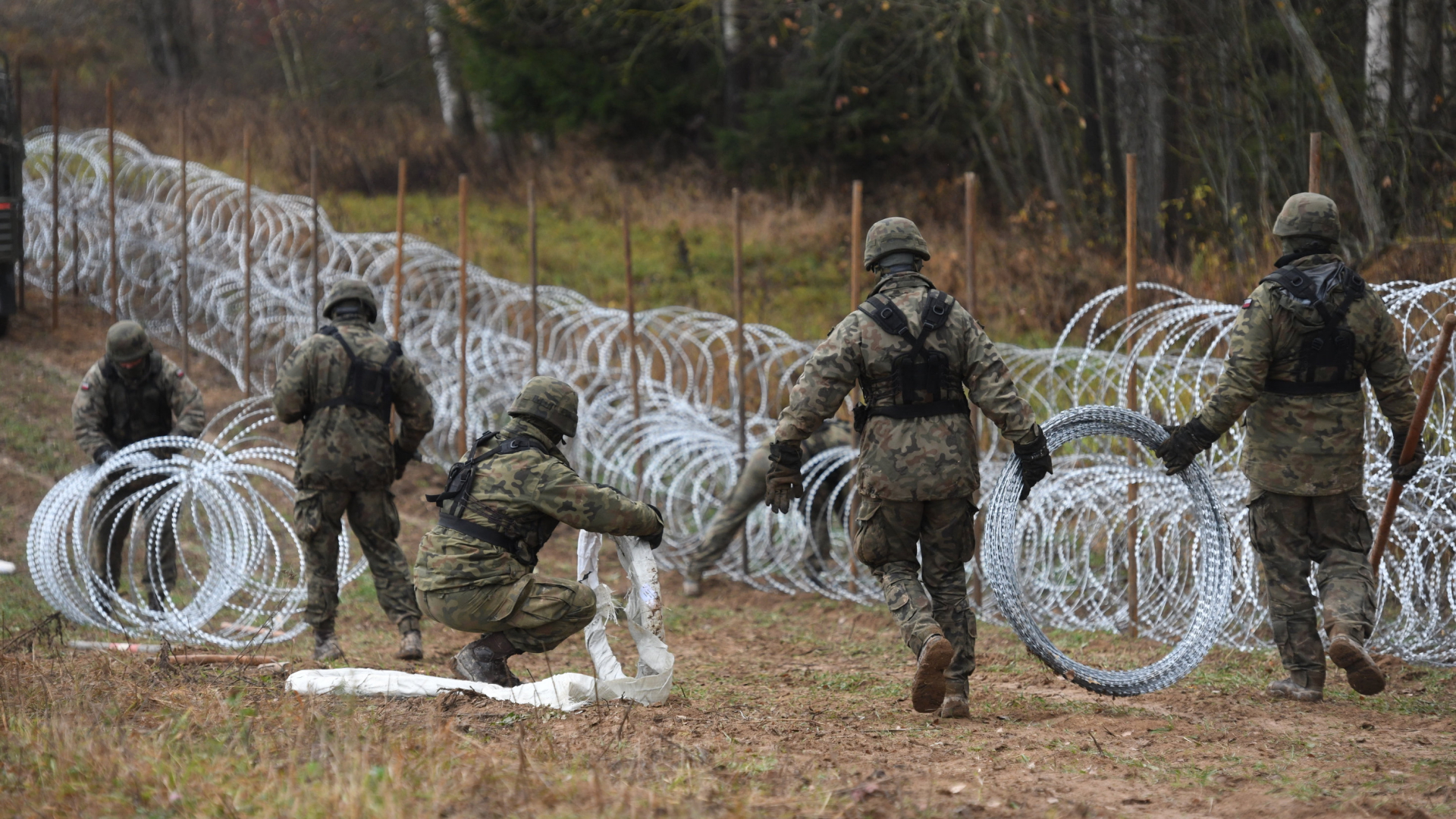 Polnische Soldaten errichten an der Grenze zu Kalingrad Stacheldrahtzäune, nachdem vermehrt Menschen aus dem Nahen Osten in die russische Exklave einreisten. | AP