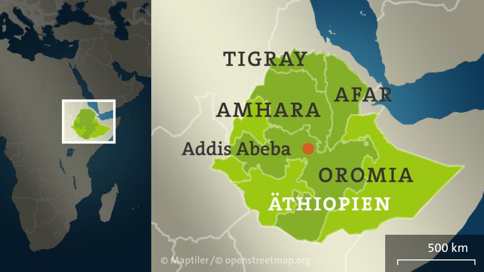 Die Karte zeigt Äthiopien mit den Regionen Tigray Oromia Amphara und Afar.