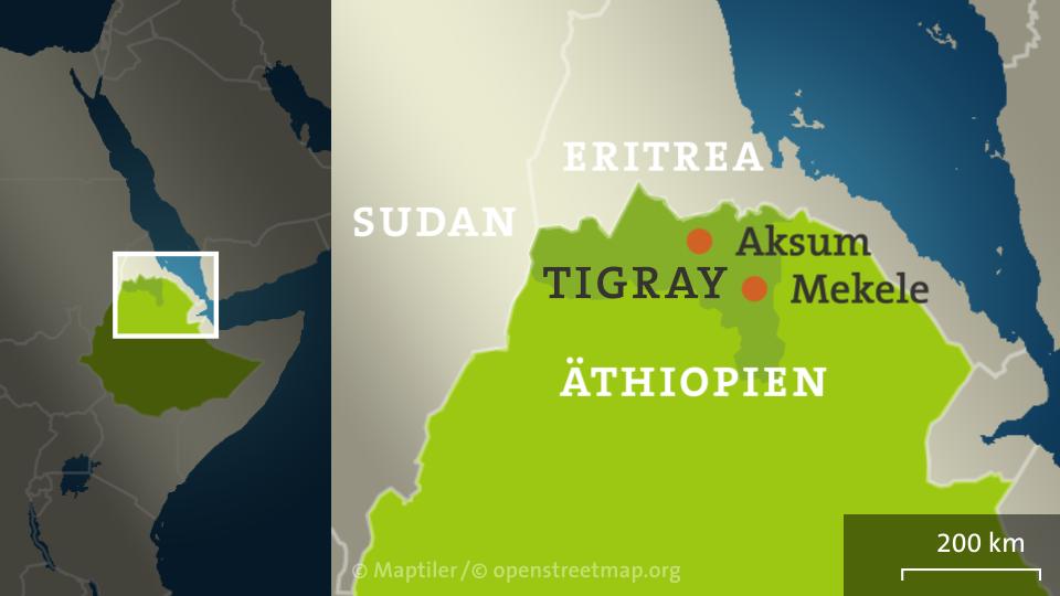 Die Karte zeigt die Region Tigray und die Orte Aksum und Mekele in Äthiopien.
