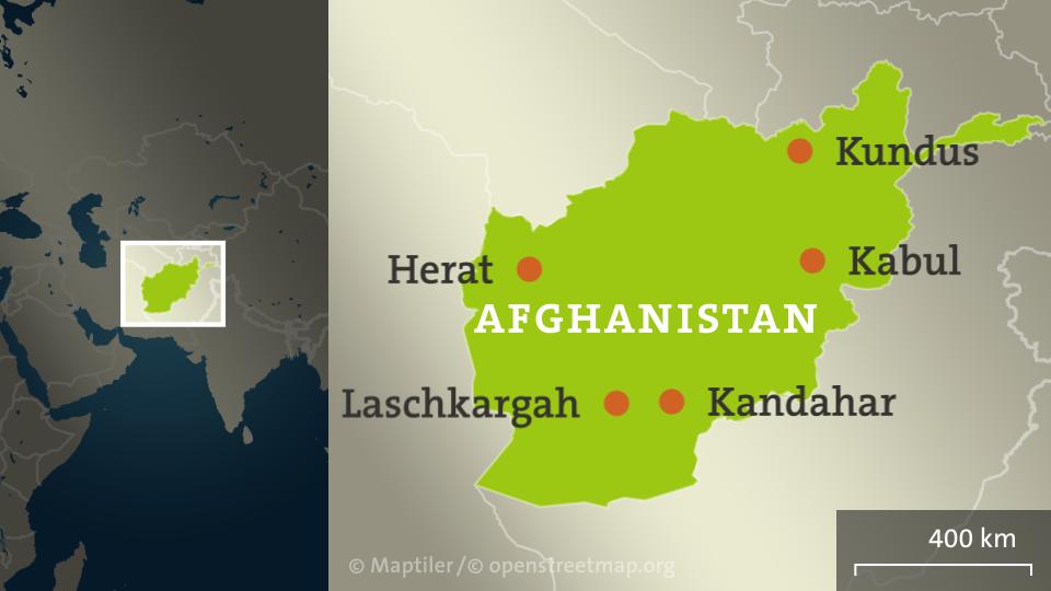 Karte von Afghanistan mit Kabul, Kandahar, Laschkargah, Herat, und Kundus