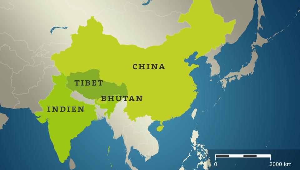 Karte von China, Indien, Bhutan und Tibet