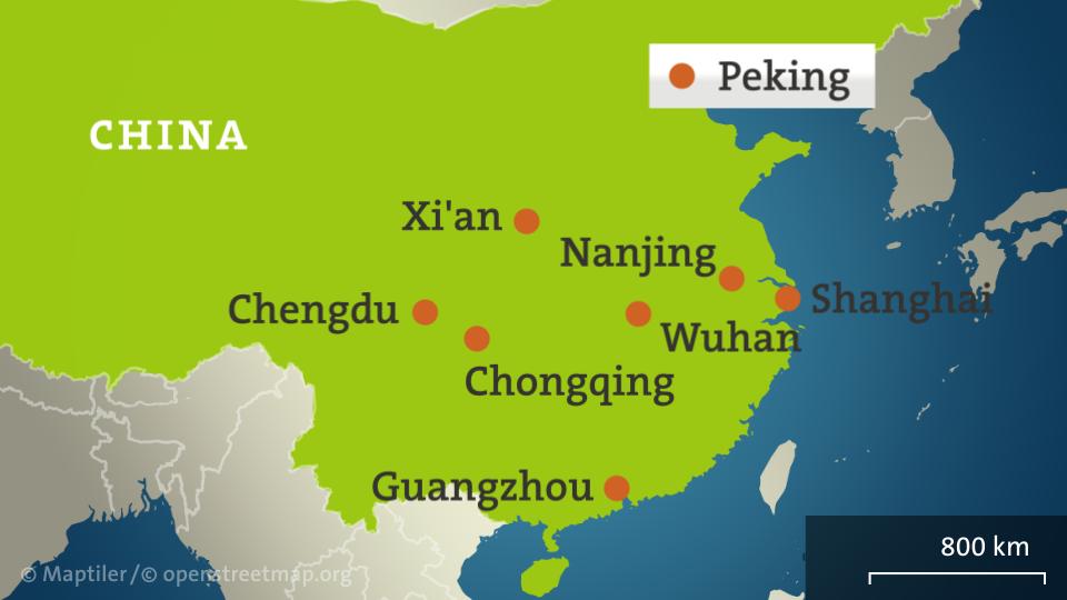 Karte von China mit den Städten Peking, Shanghai, Chengdu, Chongqing, Wuhan, Nanjing, Xi'an und Guangzhou