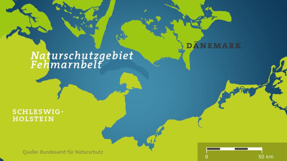 Die Karte zeigt das Naturschutzgebiet Fehmarnbelt in der Ostsee zwischen Deutschland und Dänemark.