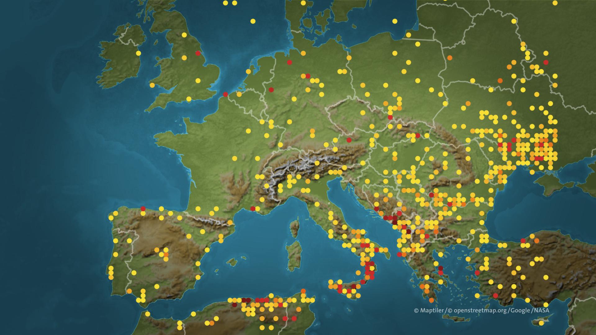 Die Karte zeigt die Brände in Europa, Stand 10. August 2021 