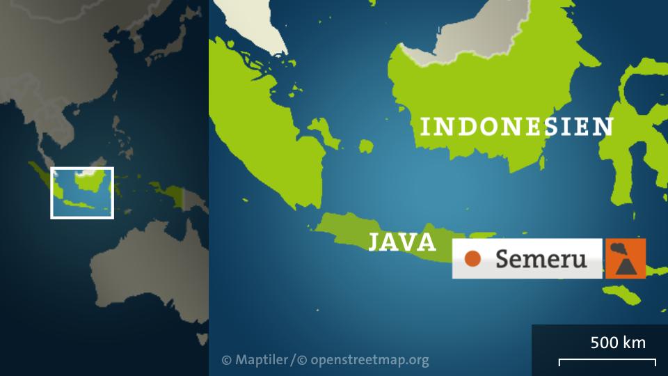 Die Karte zeigt Indonesien mit Java und dem Vulkan Semeru