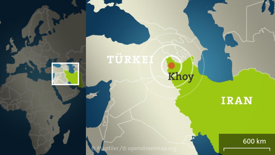 Die Karte zeigt den Iran mit Khoy und dem Epizentrum
