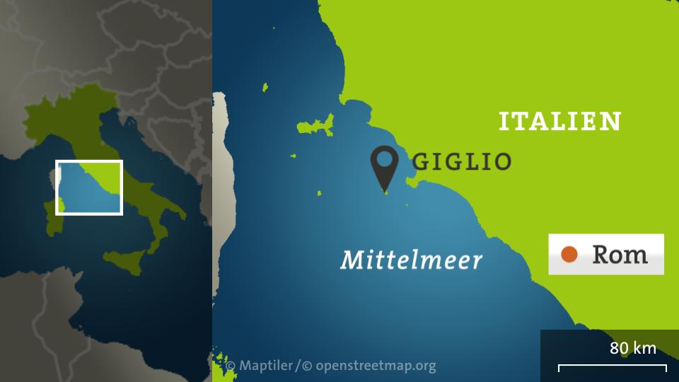 Die Karte zeigt Italien mit Rom und der Insel Giglio
