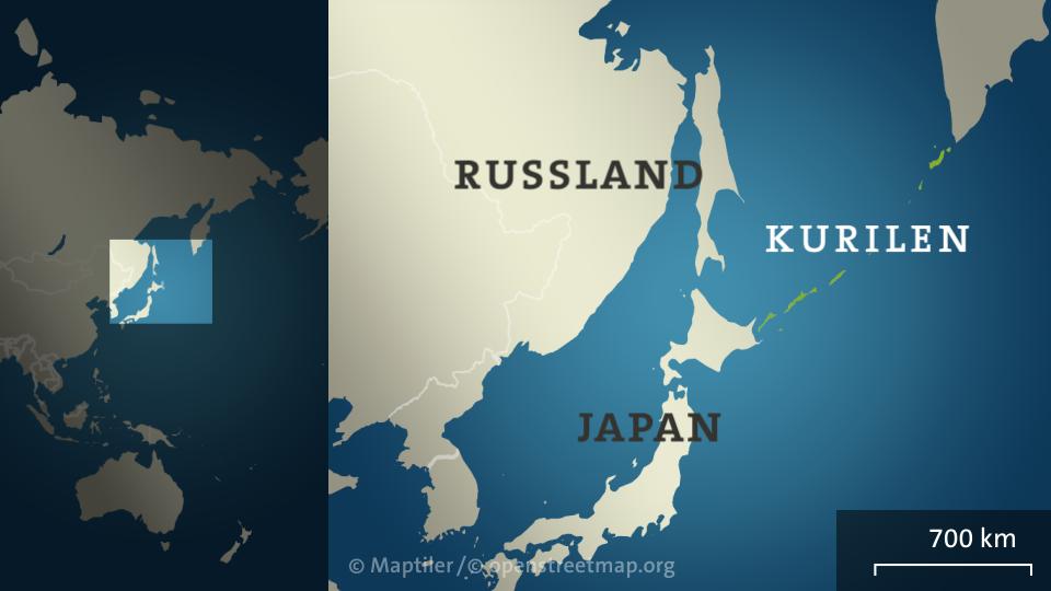 Die Karte zeigt die zu Russland gehörenden Kurilen