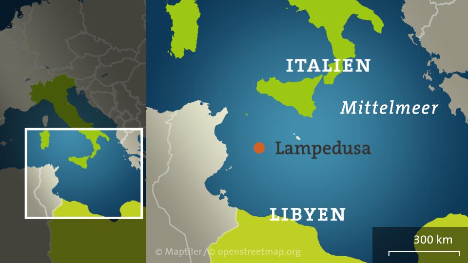 Karte: Lampedusa, mit Italien und Mittelmeer