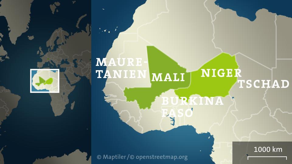 Die Karte zeigt Westafrika mit Niger und Mali