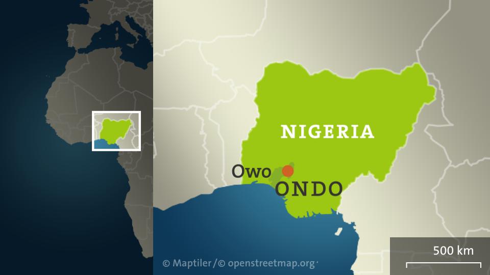 Die Karte zeigt Nigeria mit der Stadt Owo.