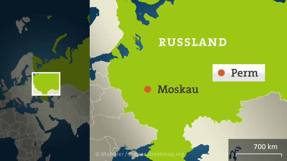 Karte mit Russland und den Städten Perm und Moskau