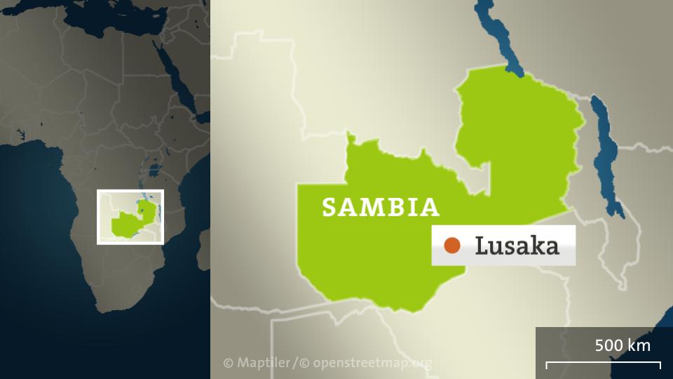 Die Karte zeigt Sambia mit der Hauptstadt Lusaka