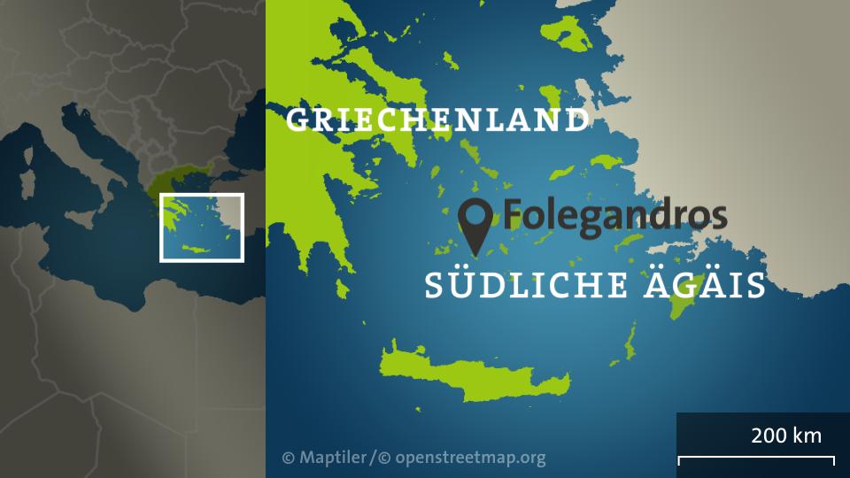 Die Karte zeigt die Südliche Ägäis mit der Insel Folegandros