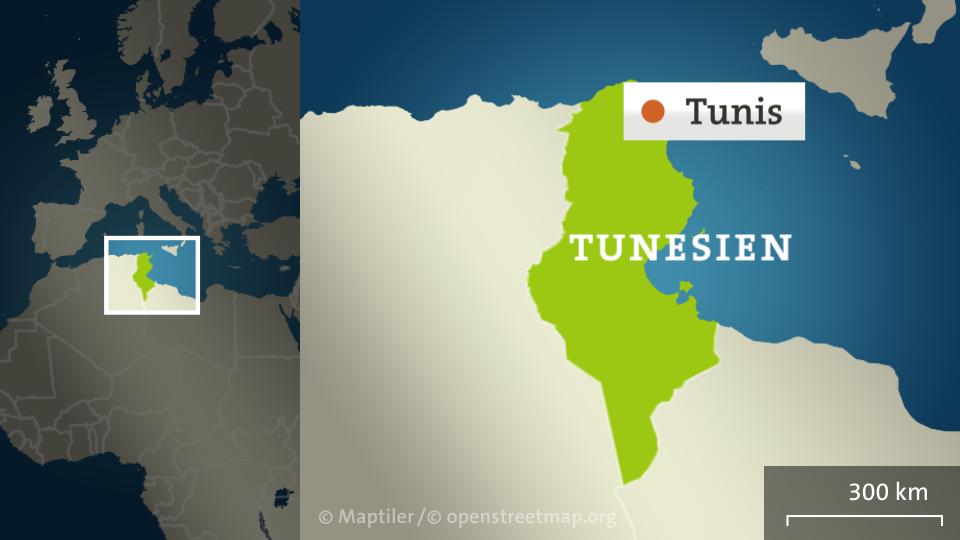 Die Karte zeigt Tunsien mit der Hauptstadt Tunis.