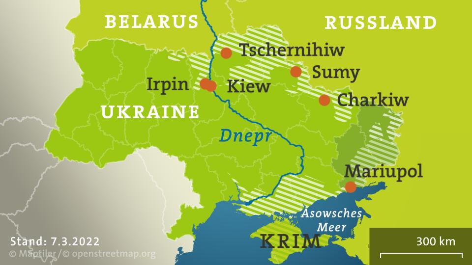 Frontverläufe in der Ukraine mit Städten für die Fluchtkorridore | ISW/ 07.03.2022