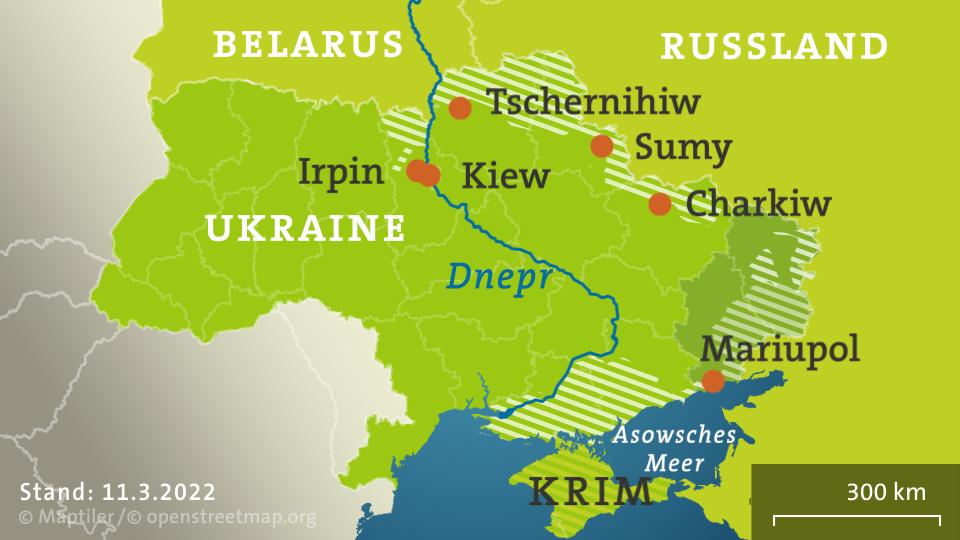 Frontverläufe in der Ukraine mit Städten für die Fluchtkorridore | ISW/11.03.2022