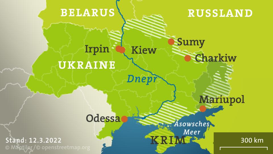 Die schraffierten Bereiche zeigen die von den Russen kontrollierten Gebiete in der Ukraine. | ISW/12.03.2022